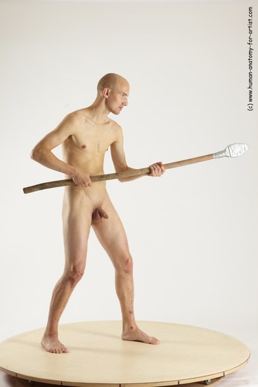 Nude Fighting with spear Man White Standing poses - ALL Slim Bald Standing poses - simple Multi angles poses Realistic