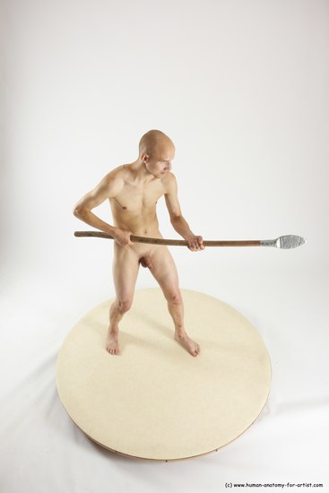 Nude Fighting with spear Man White Standing poses - ALL Slim Bald Standing poses - simple Multi angles poses Realistic