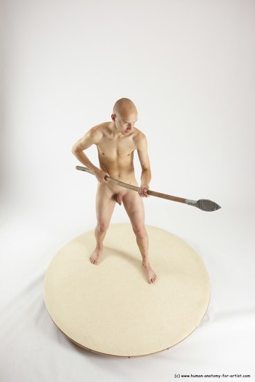 Nude Fighting with spear Man White Standing poses - ALL Slim Bald Standing poses - simple Multi angles poses Realistic