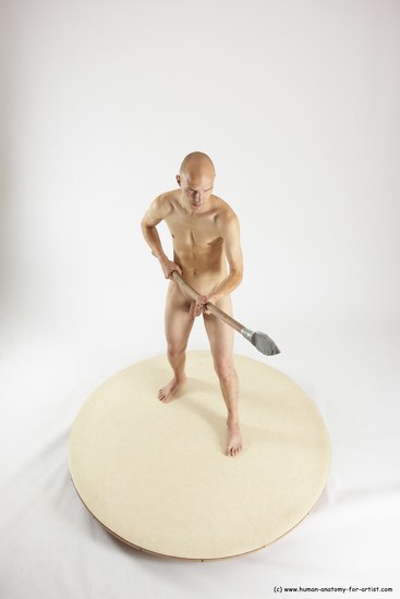 Nude Fighting with spear Man White Standing poses - ALL Slim Bald Standing poses - simple Multi angles poses Realistic