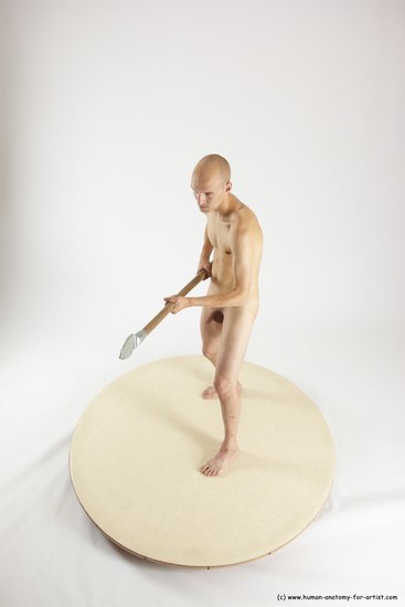 Nude Fighting with spear Man White Standing poses - ALL Slim Bald Standing poses - simple Multi angles poses Realistic