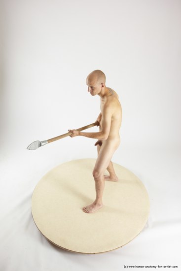 Nude Fighting with spear Man White Standing poses - ALL Slim Bald Standing poses - simple Multi angles poses Realistic