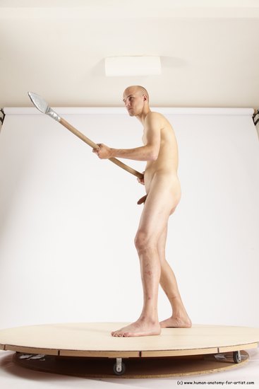 Nude Fighting with spear Man White Standing poses - ALL Slim Bald Standing poses - simple Multi angles poses Realistic