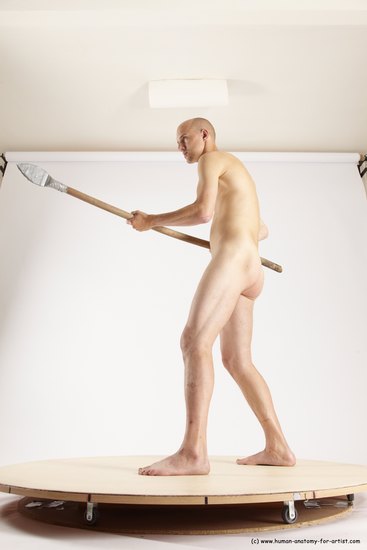 Nude Fighting with spear Man White Standing poses - ALL Slim Bald Standing poses - simple Multi angles poses Realistic