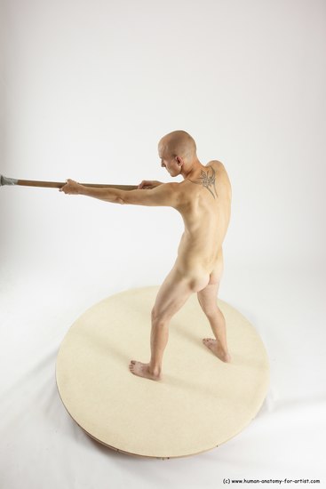 Nude Fighting with spear Man White Standing poses - ALL Slim Bald Standing poses - simple Multi angles poses Realistic