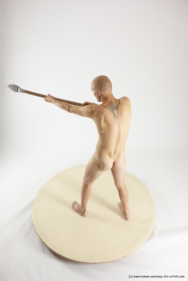 Nude Fighting with spear Man White Standing poses - ALL Slim Bald Standing poses - simple Multi angles poses Realistic