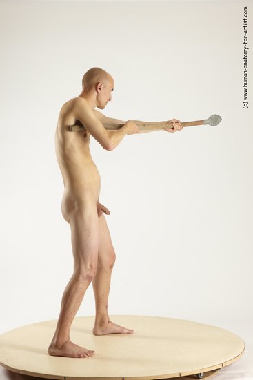 Nude Fighting with spear Man White Standing poses - ALL Slim Bald Standing poses - simple Multi angles poses Realistic