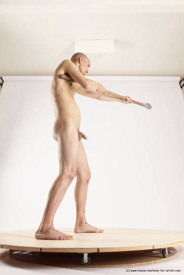 Nude Fighting with spear Man White Standing poses - ALL Slim Bald Standing poses - simple Multi angles poses Realistic