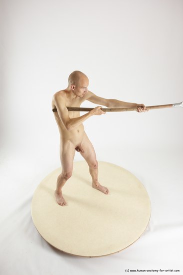 Nude Fighting with spear Man White Standing poses - ALL Slim Bald Standing poses - simple Multi angles poses Realistic