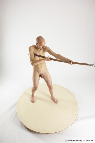 Nude Fighting with spear Man White Standing poses - ALL Slim Bald Standing poses - simple Multi angles poses Realistic