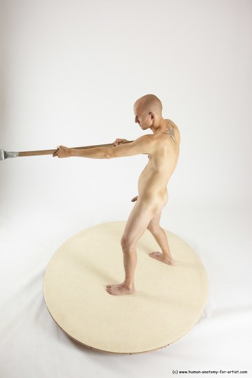 Nude Fighting with spear Man White Standing poses - ALL Slim Bald Standing poses - simple Multi angles poses Realistic