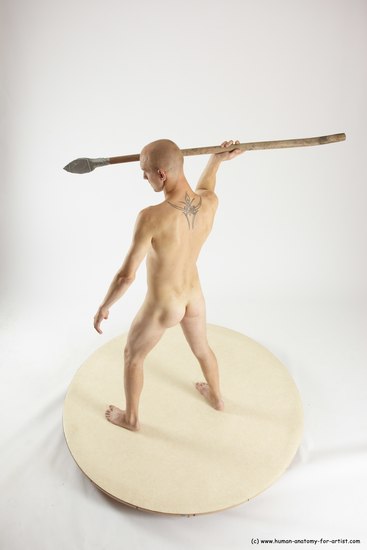 Nude Fighting with spear Man White Standing poses - ALL Slim Bald Standing poses - simple Multi angles poses Realistic