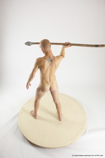 Nude Fighting with spear Man White Standing poses - ALL Slim Bald Standing poses - simple Multi angles poses Realistic