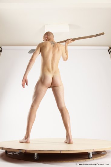 Nude Fighting with spear Man White Standing poses - ALL Slim Bald Standing poses - simple Multi angles poses Realistic