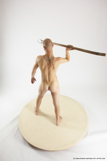 Nude Fighting with spear Man White Standing poses - ALL Slim Bald Standing poses - simple Multi angles poses Realistic