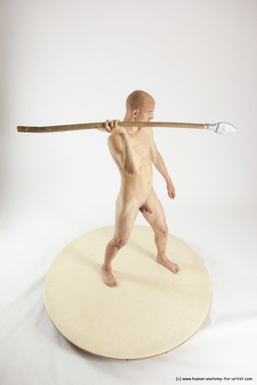 Nude Fighting with spear Man White Standing poses - ALL Slim Bald Standing poses - simple Multi angles poses Realistic