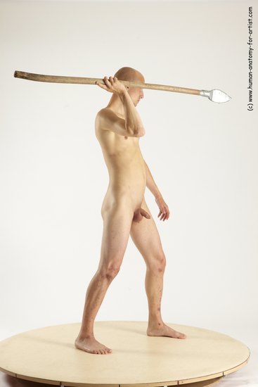 Nude Fighting with spear Man White Standing poses - ALL Slim Bald Standing poses - simple Multi angles poses Realistic