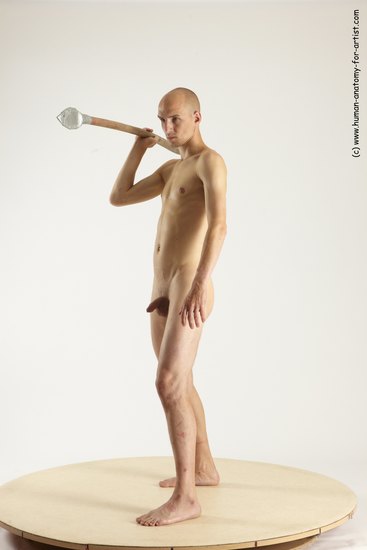 Nude Fighting with spear Man White Standing poses - ALL Slim Bald Standing poses - simple Multi angles poses Realistic