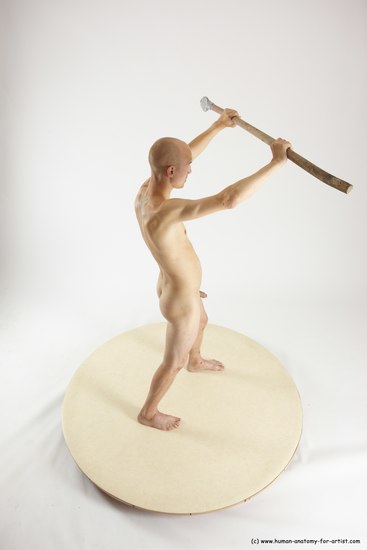 Nude Fighting with spear Man White Standing poses - ALL Slim Bald Standing poses - simple Multi angles poses Realistic