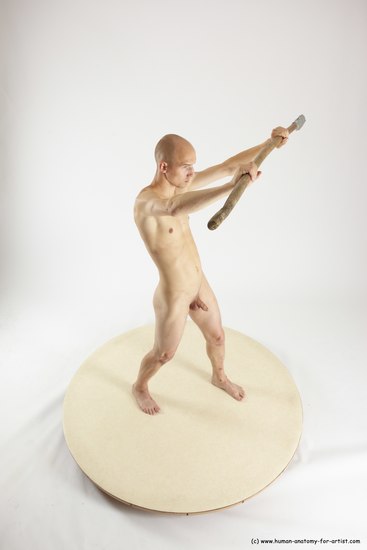 Nude Fighting with spear Man White Standing poses - ALL Slim Bald Standing poses - simple Multi angles poses Realistic