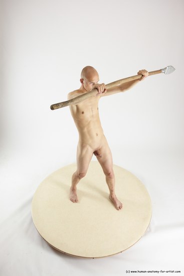 Nude Fighting with spear Man White Standing poses - ALL Slim Bald Standing poses - simple Multi angles poses Realistic