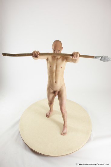 Nude Fighting with spear Man White Standing poses - ALL Slim Bald Standing poses - simple Multi angles poses Realistic