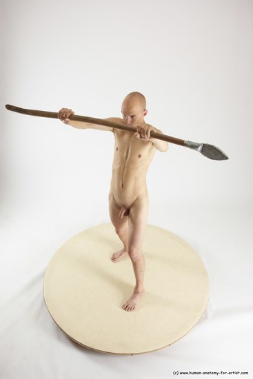 Nude Fighting with spear Man White Standing poses - ALL Slim Bald Standing poses - simple Multi angles poses Realistic