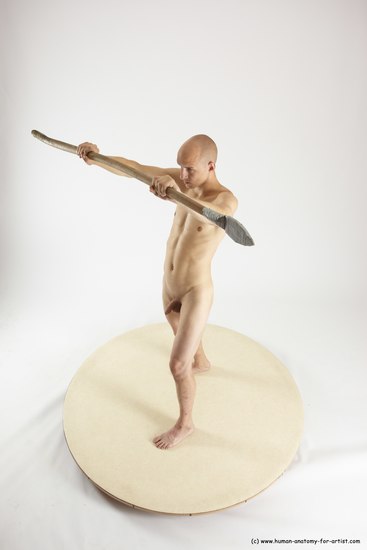 Nude Fighting with spear Man White Standing poses - ALL Slim Bald Standing poses - simple Multi angles poses Realistic