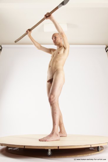 Nude Fighting with spear Man White Standing poses - ALL Slim Bald Standing poses - simple Multi angles poses Realistic