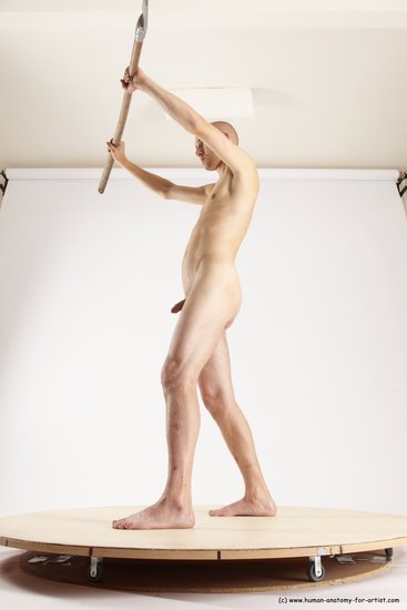 Nude Fighting with spear Man White Standing poses - ALL Slim Bald Standing poses - simple Multi angles poses Realistic