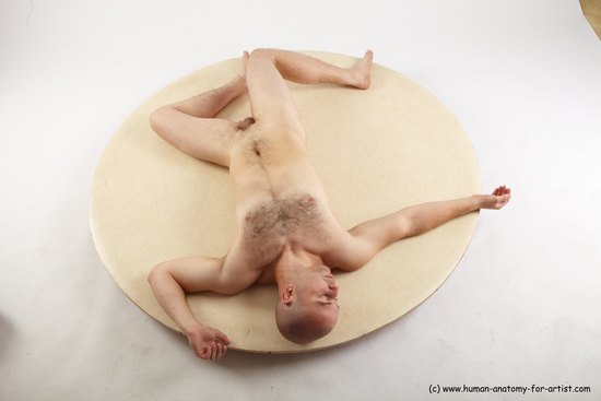 Nude Man White Laying poses - ALL Slim Bald Laying poses - on back Realistic