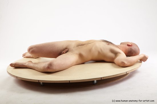 Nude Man White Laying poses - ALL Slim Bald Laying poses - on back Realistic