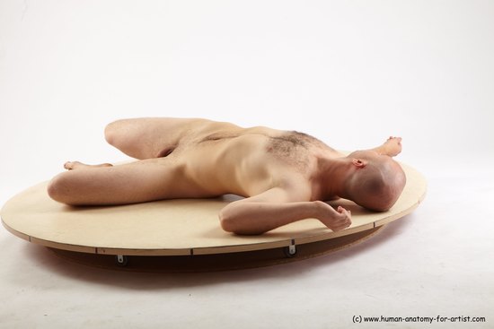 Nude Man White Laying poses - ALL Slim Bald Laying poses - on back Realistic