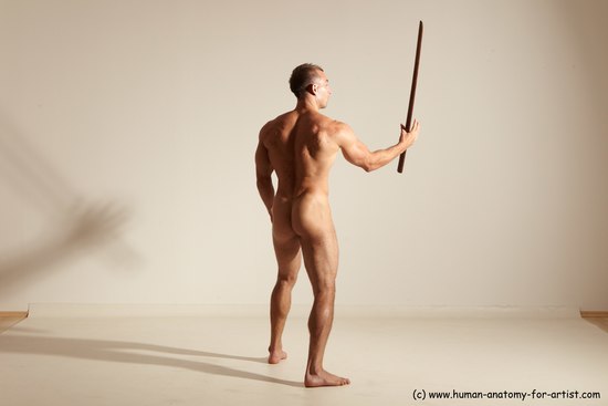 Nude Fighting with sword Man White Standing poses - ALL Muscular Short Brown Standing poses - simple Dynamic poses Realistic