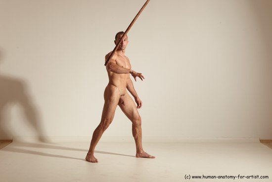 Nude Fighting with sword Man White Standing poses - ALL Muscular Short Brown Standing poses - simple Dynamic poses Realistic