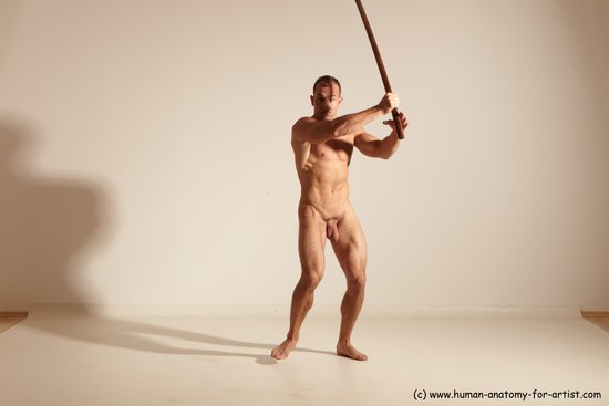 Nude Fighting with sword Man White Standing poses - ALL Muscular Short Brown Standing poses - simple Dynamic poses Realistic