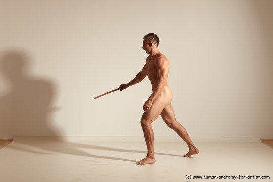 Nude Fighting with sword Man White Standing poses - ALL Muscular Short Brown Standing poses - simple Dynamic poses Realistic