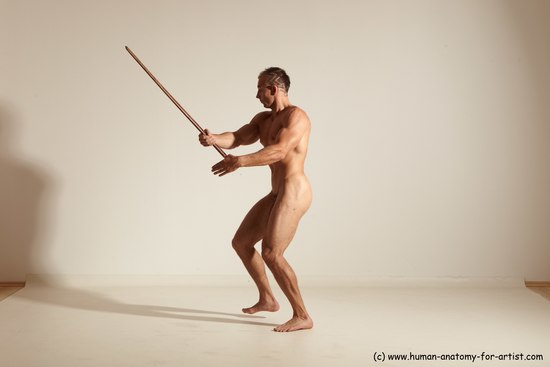 Nude Fighting with sword Man White Standing poses - ALL Muscular Short Brown Standing poses - simple Dynamic poses Realistic