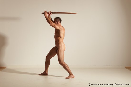 Nude Fighting with sword Man White Standing poses - ALL Muscular Short Brown Standing poses - simple Dynamic poses Realistic