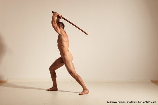 Nude Fighting with sword Man White Standing poses - ALL Muscular Short Brown Standing poses - simple Dynamic poses Realistic