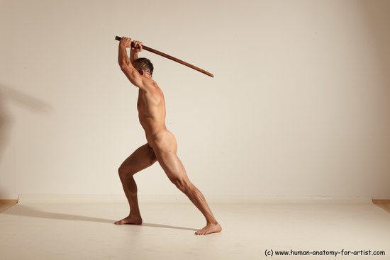 Nude Fighting with sword Man White Standing poses - ALL Muscular Short Brown Standing poses - simple Dynamic poses Realistic