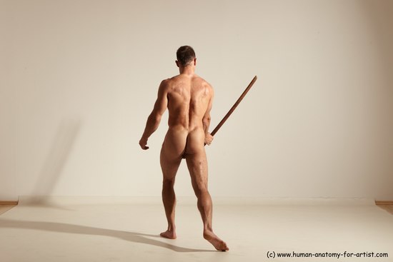 Nude Fighting with sword Man White Standing poses - ALL Muscular Short Brown Standing poses - simple Dynamic poses Realistic