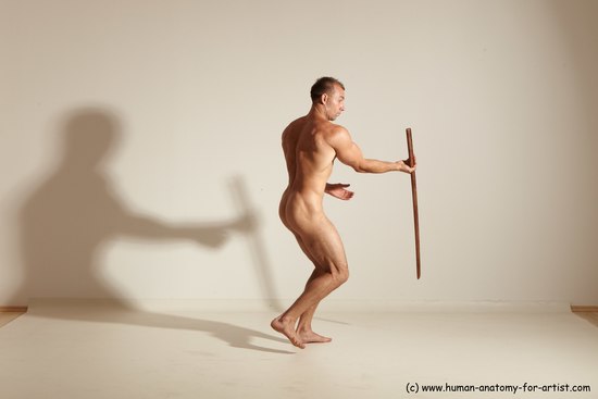 Nude Fighting with sword Man White Standing poses - ALL Muscular Short Brown Standing poses - simple Dynamic poses Realistic