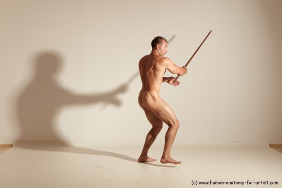 Nude Fighting with sword Man White Standing poses - ALL Muscular Short Brown Standing poses - simple Dynamic poses Realistic