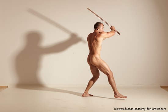 Nude Fighting with sword Man White Standing poses - ALL Muscular Short Brown Standing poses - simple Dynamic poses Realistic