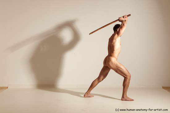 Nude Fighting with sword Man White Standing poses - ALL Muscular Short Brown Standing poses - simple Dynamic poses Realistic