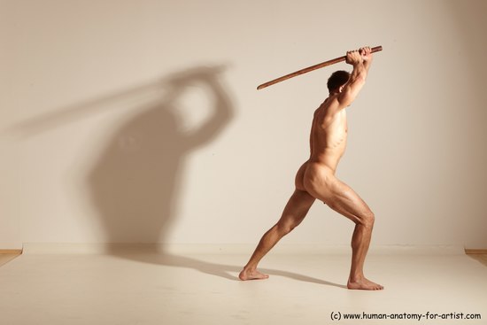 Nude Fighting with sword Man White Standing poses - ALL Muscular Short Brown Standing poses - simple Dynamic poses Realistic