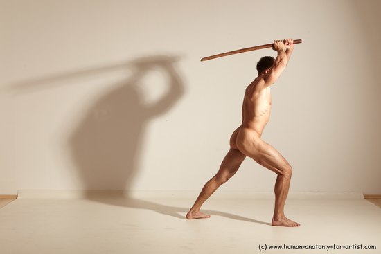 Nude Fighting with sword Man White Standing poses - ALL Muscular Short Brown Standing poses - simple Dynamic poses Realistic