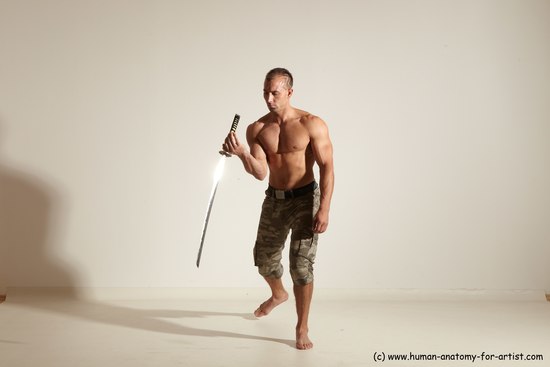 Casual Fighting with sword Man White Standing poses - ALL Muscular Short Brown Standing poses - simple Dynamic poses Academic