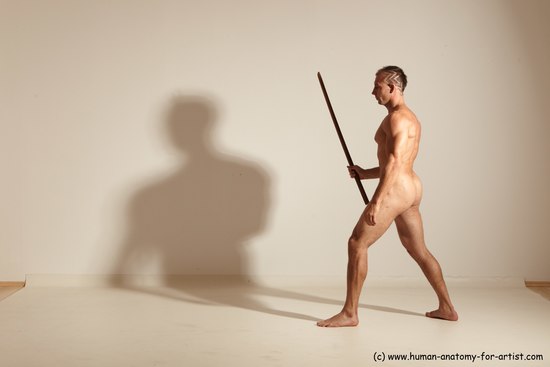 Nude Fighting with sword Man White Standing poses - ALL Muscular Short Brown Standing poses - simple Dynamic poses Realistic